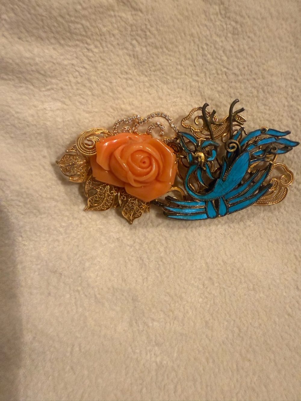 18K Gold, Coral, and Kingfisher Feather Necklace